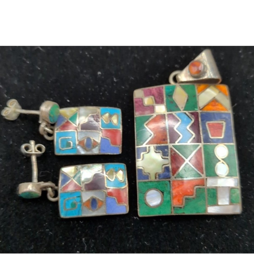 950 Silver Peruvian Multistone Inlay Inca Calendar Pendant & Earring Set New - Picture 3 of 5